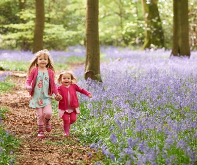 2 little girls holding hands running on an outdoor path surrounded by purple flowers