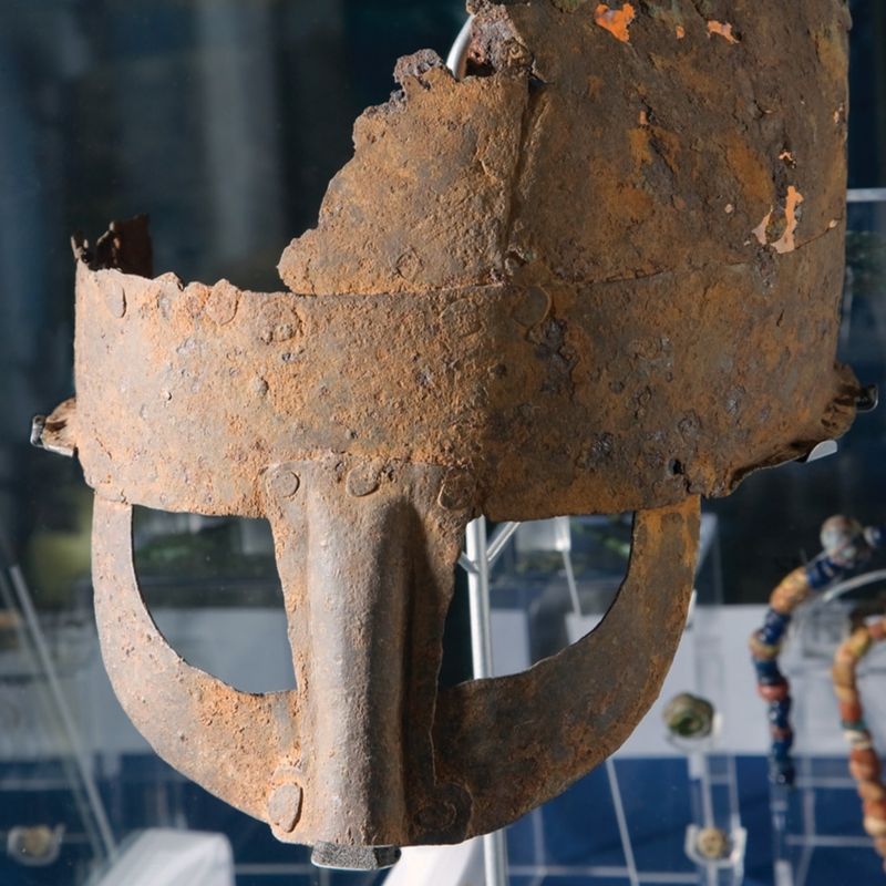 Viking Helmet On Display In The River Tees Gallery Viking Helmet on display at Preston Park Museum