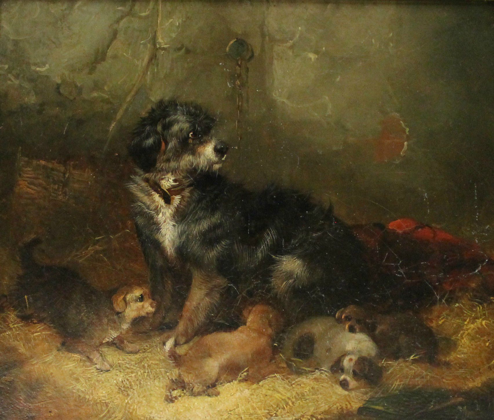 Painting of a small terrier and her pups lying in the straw, called Guarding her Puppies